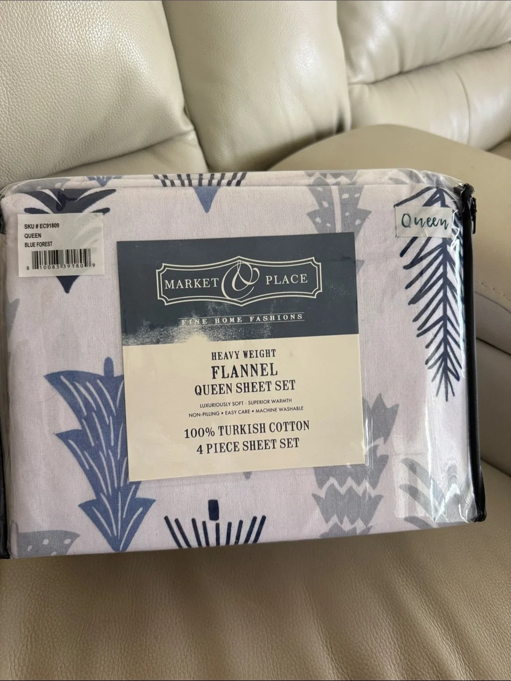 Market&Place flannel Holiday trees queen sheet set NEW